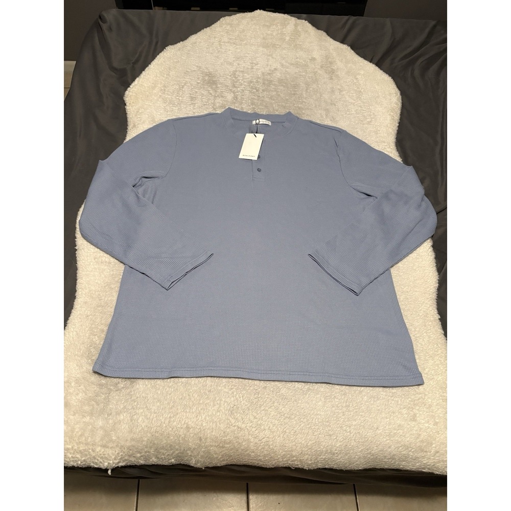 QUALFORT Mens Waffle Knit Henley Shirt Long Sleeve Blue 2XL NWT